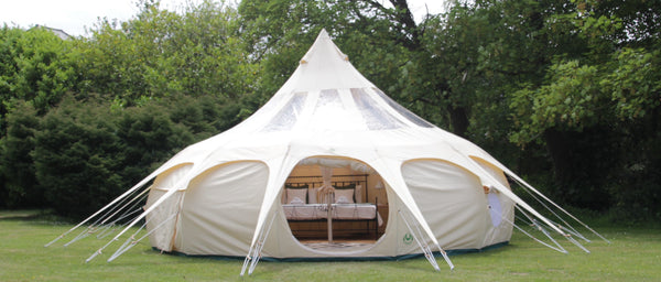6m Tents - picture of a canvas, 6m bell tent with roof cover. Perfect 6 man tent with lots of standing room and superior quality. Lotus Belle
